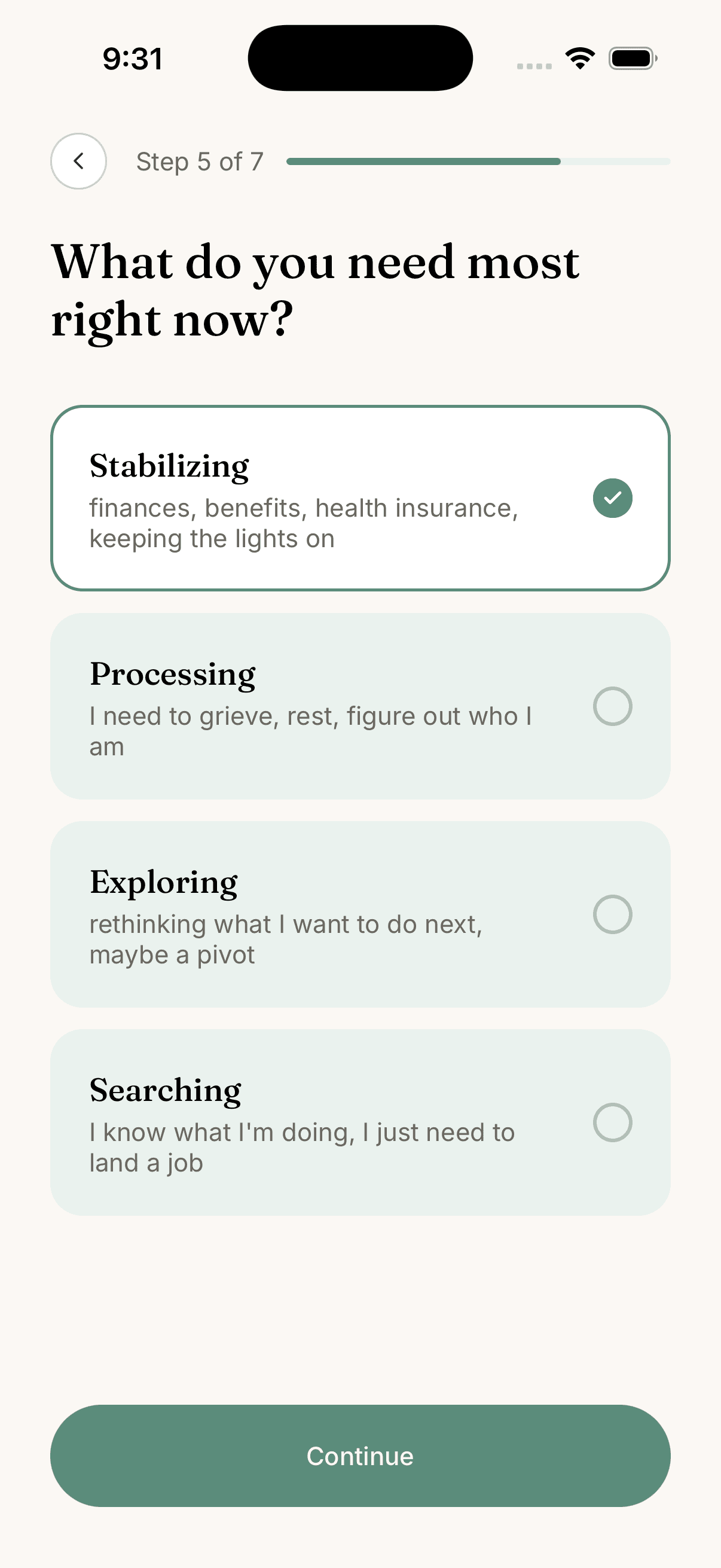 Footing onboarding screen asking what you need most right now