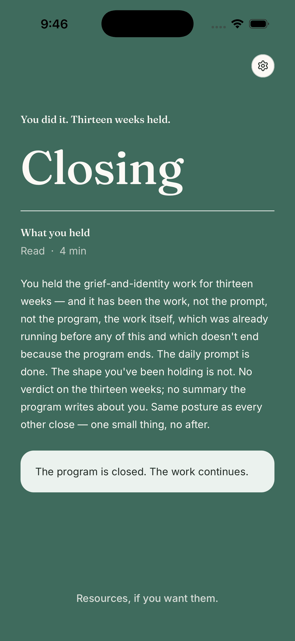 Footing Day 90 closing screen with reflection on thirteen weeks held